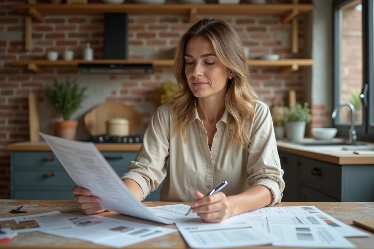 Femme comparant des devis de rénovation sur une table en bois dans une cuisine partiellement rénovée