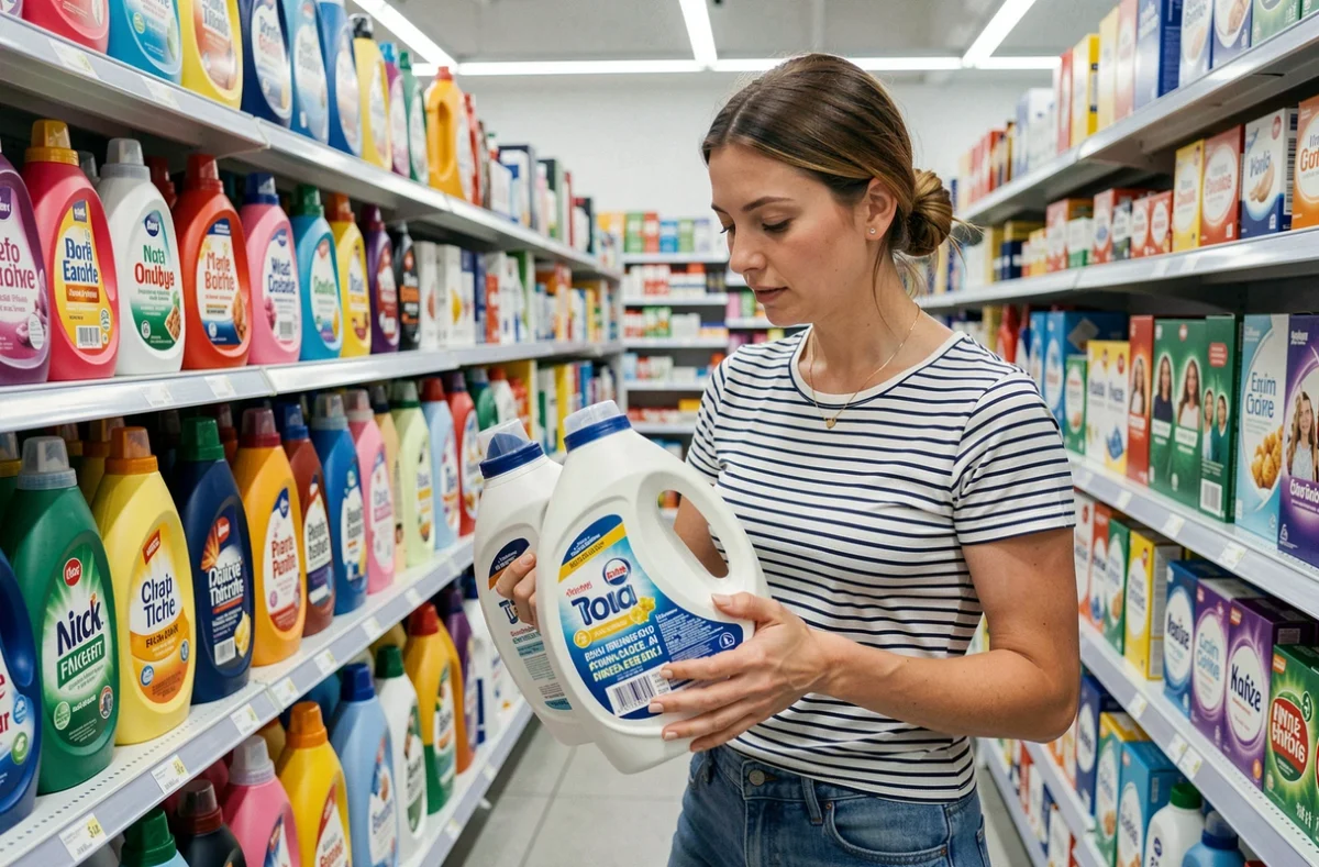 Femme comparant des bidons de lessive en grande surface au rayon lessives Pressing Leclerc