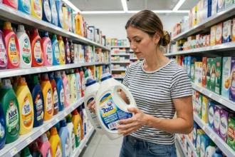 Femme comparant des bidons de lessive en grande surface au rayon lessives Pressing Leclerc