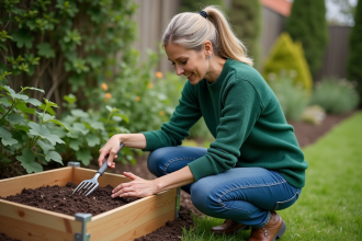 Femme en jeans vert compostant dans le jardin