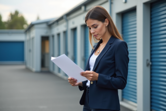 Femme en blazer lisant un contrat de location devant un centre de stockage