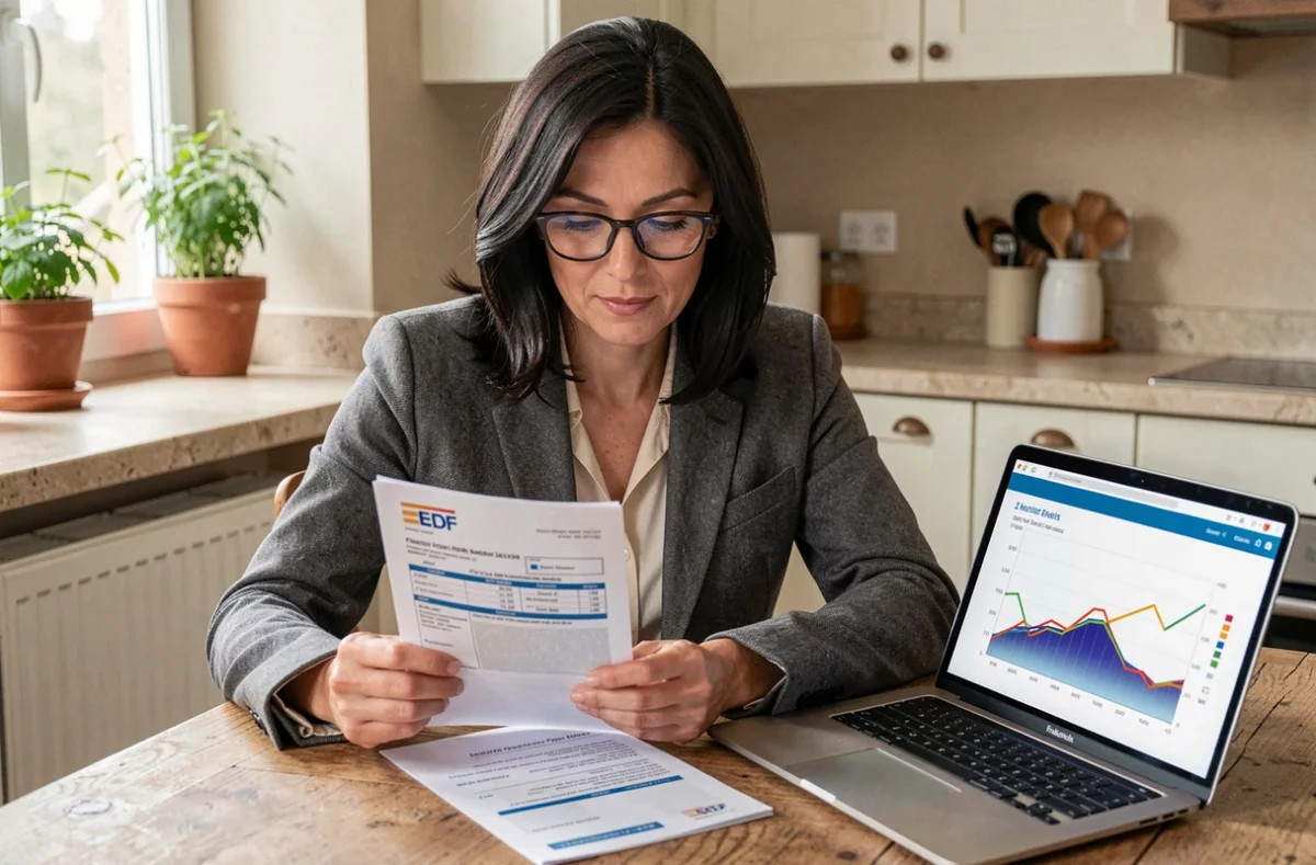Femme consultant une facture EDF et un contrat de rachat d'électricité solaire à domicile
