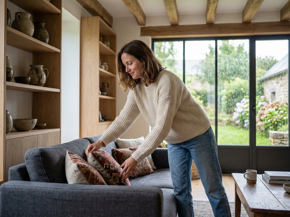 Femme en jean et pull dans un salon breton chaleureux
