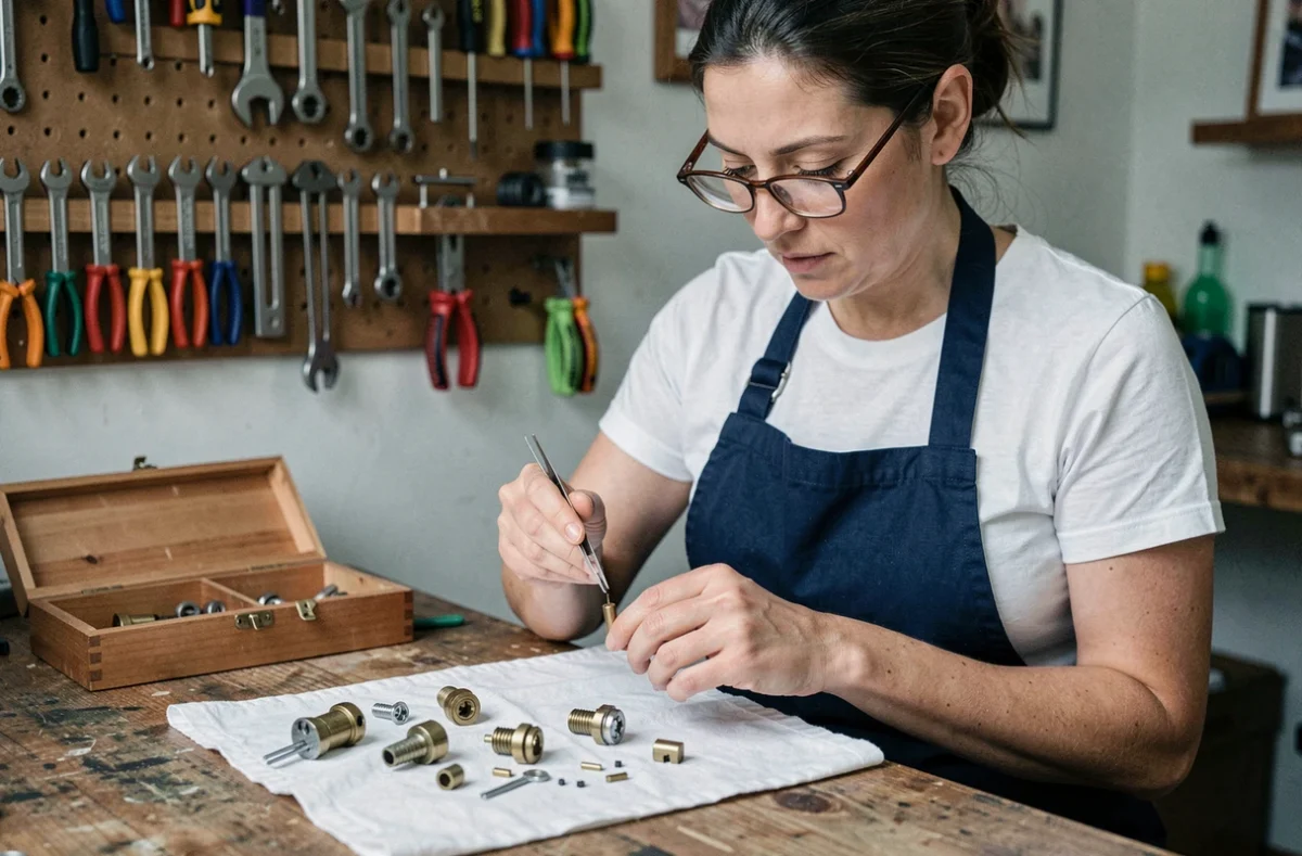 Femme examinant les composants d'un barillet de serrure démonté sur un établi dans un atelier de bricolage
