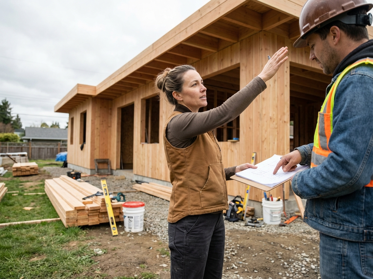 Femme discutant avec ouvrier sur le chantier