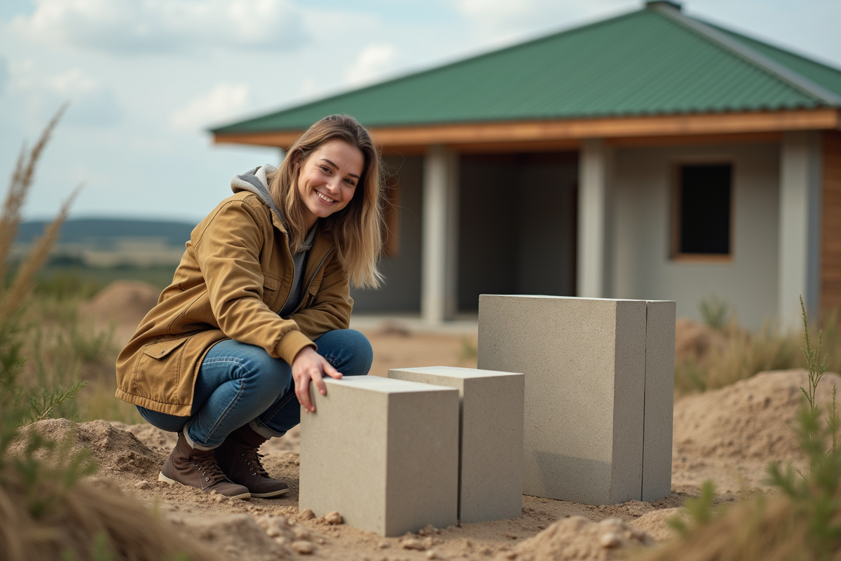 Jeune femme examinant des blocs de chanvre pour construction écologique
