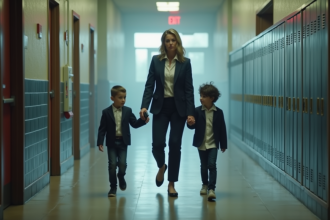 Femme en costume guide calmement deux enfants dans un couloir d'école en fumée