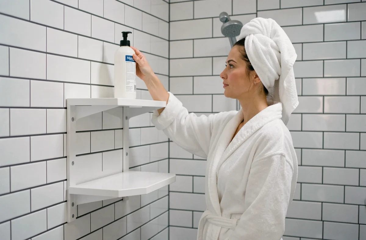 Femme rangeant ses produits sur une étagère d'angle blanche dans une douche à l'italienne carrelée