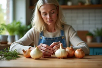 Femme examinant des bulbes d'oignon dans la cuisine lumineuse