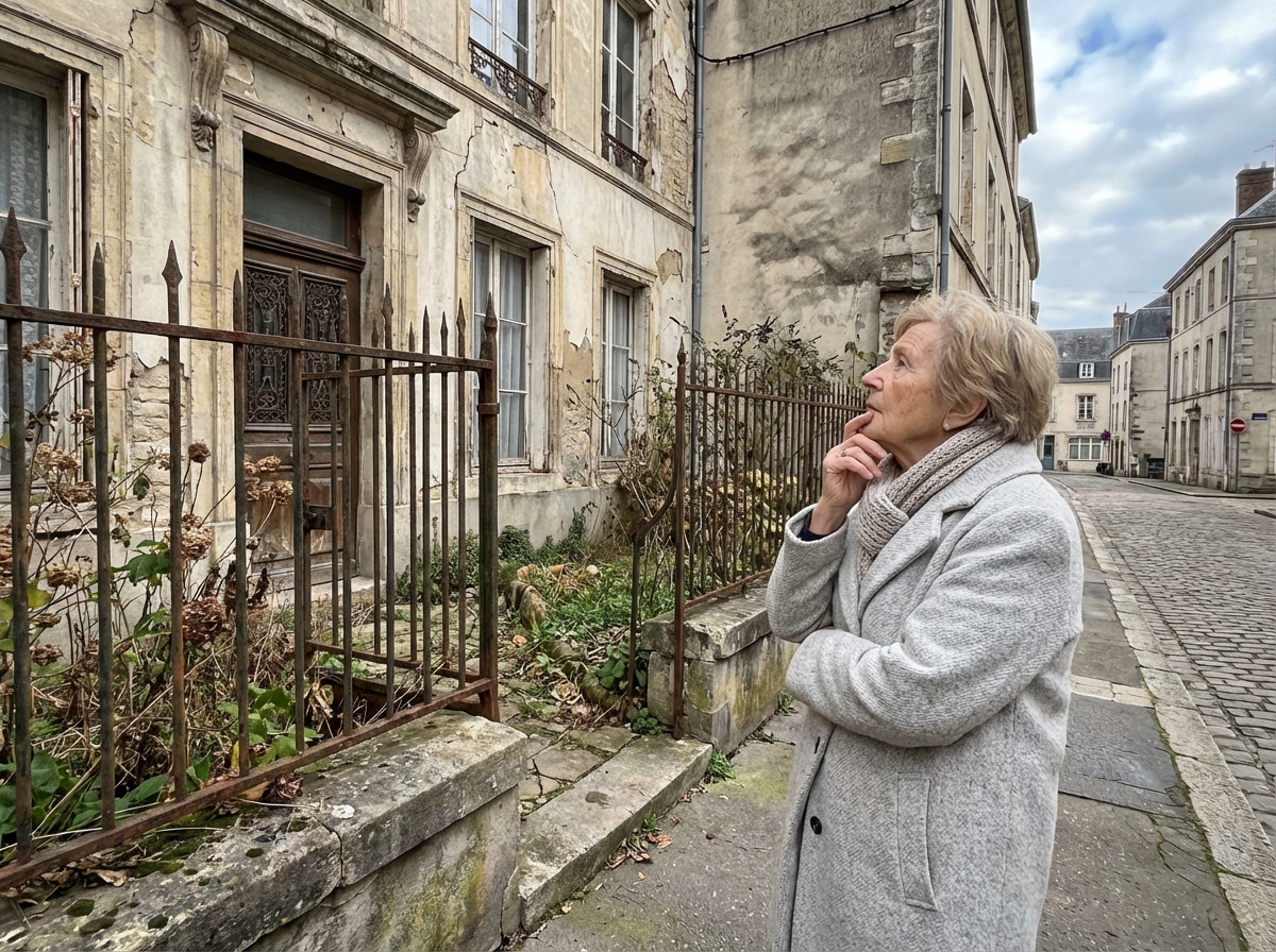 Femme regardant la façade usée d