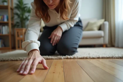 Femme examine un parquet dans un salon moderne