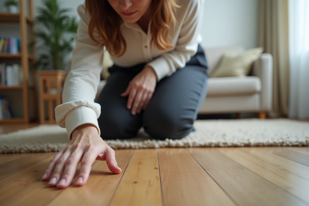 Femme examine un parquet dans un salon moderne
