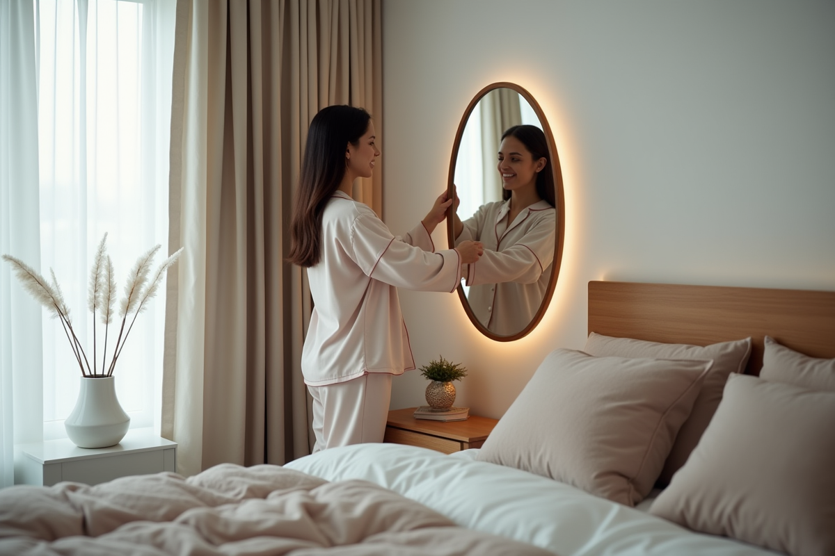 Femme en pyjama ajustant un grand miroir dans une chambre paisible