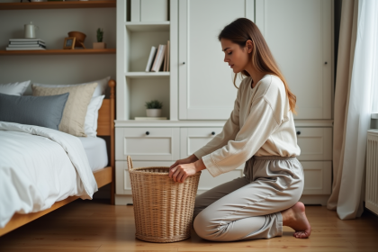 Jeune femme organisant sa chambre avec panier de rangement