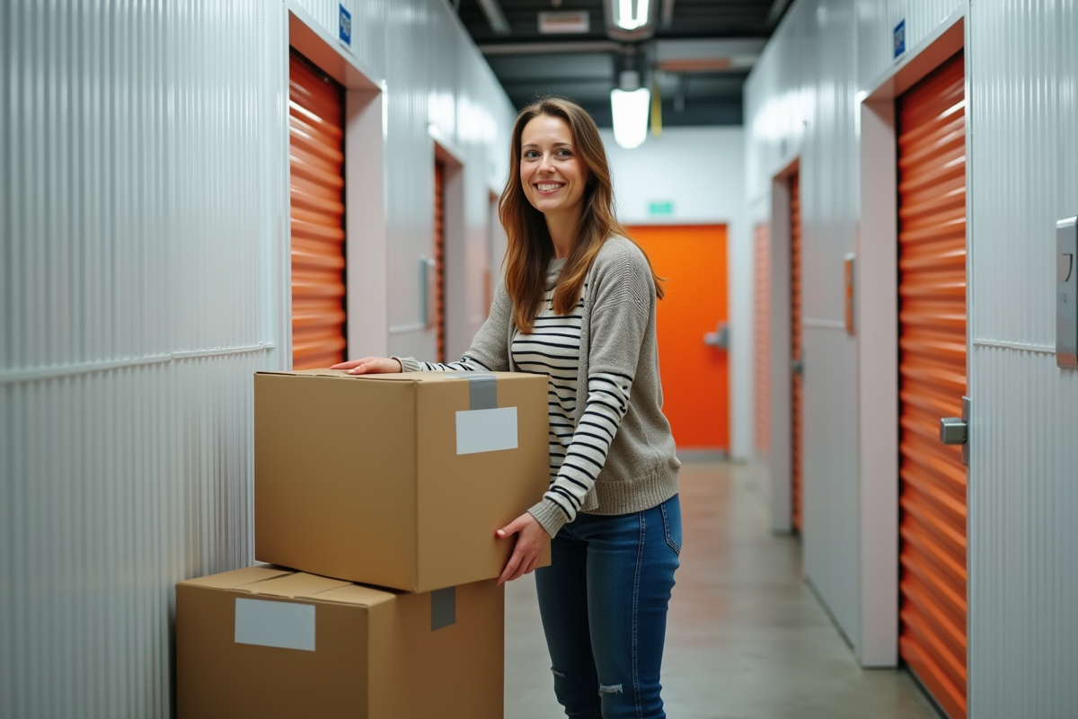 Femme organisant des cartons dans un espace de stockage moderne