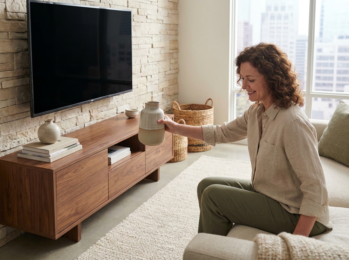 Femme arrangeant objets d&eacute;coratifs sur meuble TV en int&eacute;rieur