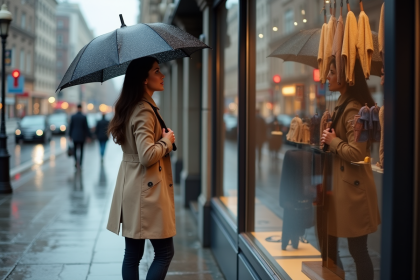 Femme en trench beige et parapluie dans la ville pluvieuse