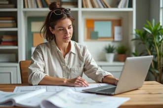 Femme consultant des plans de décoration intérieure et des échantillons de tissu sur un bureau en bois, comparant un outil en ligne à une décoratrice professionnelle