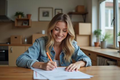 Femme souriante remplissant un formulaire de redirection postale