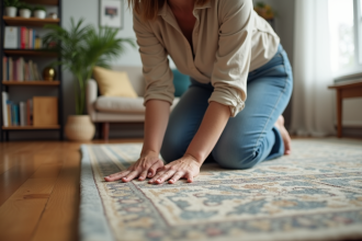 Femme en jeans lissant un tapis dans un salon chaleureux