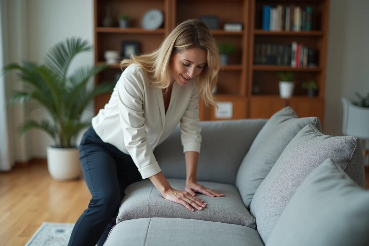 Femme évaluant la fermete d'un sofa moderne dans un salon