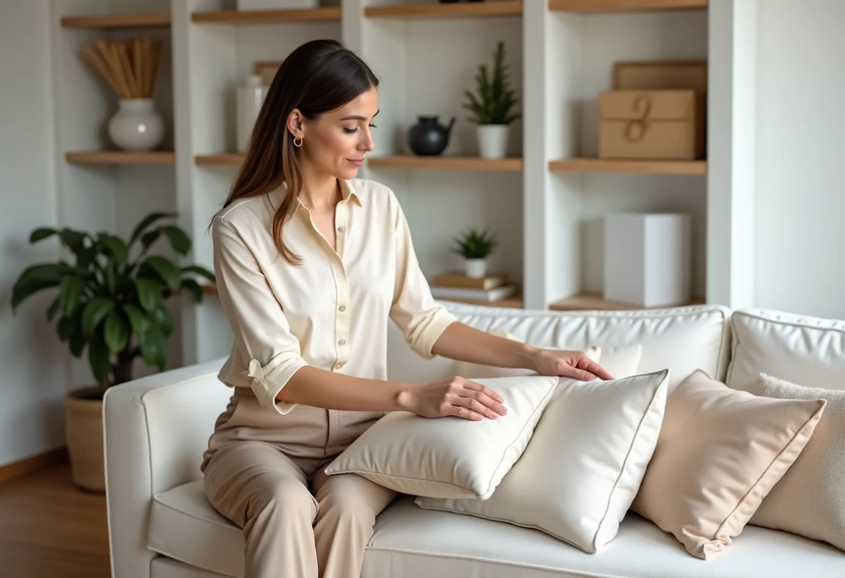 Femme élégante arrangeant des coussins dans un salon moderne