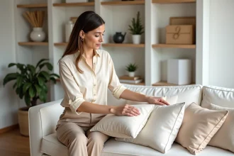 Femme élégante arrangeant des coussins dans un salon moderne
