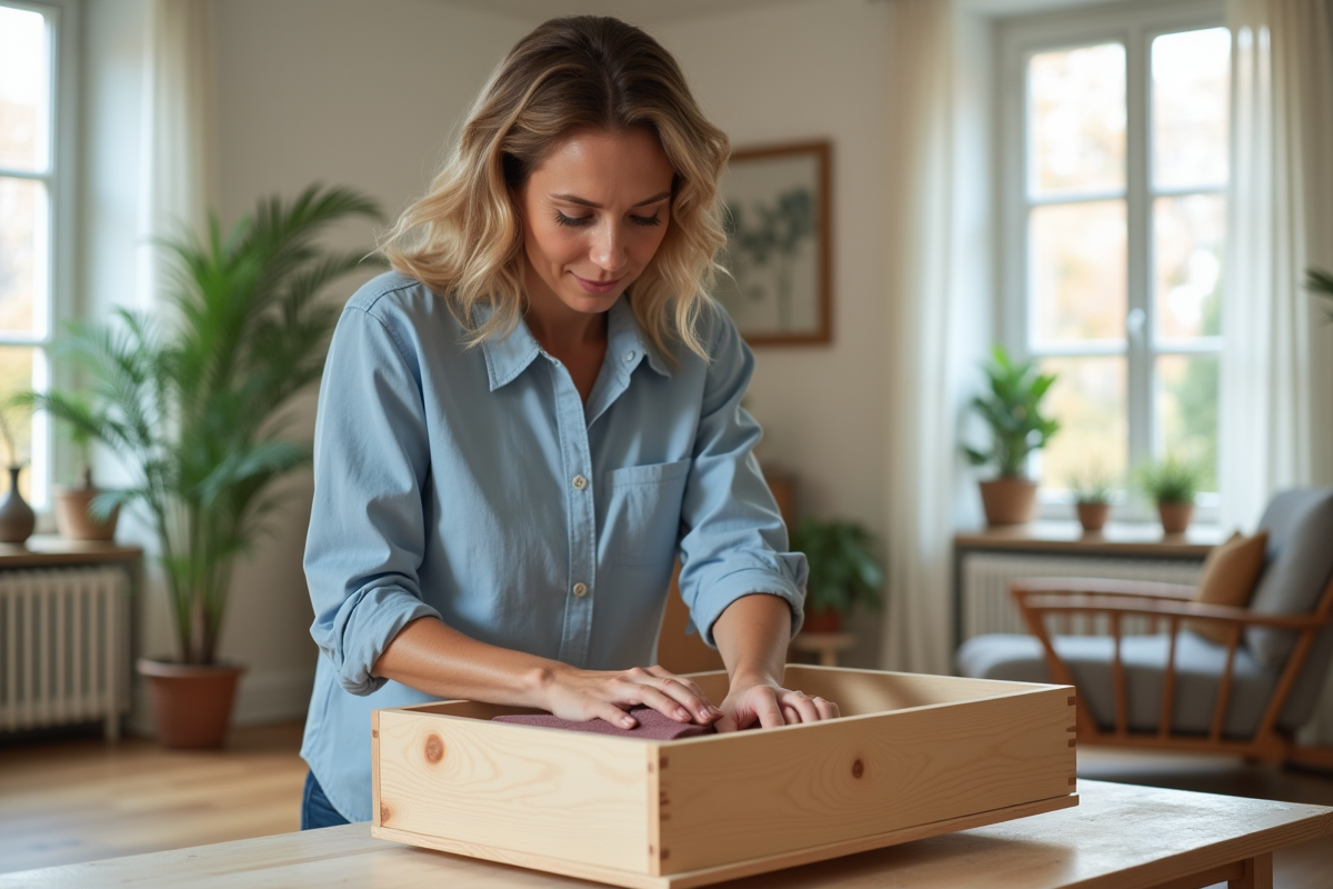 Femme sandant un tiroir de meuble en bois dans un salon lumineux