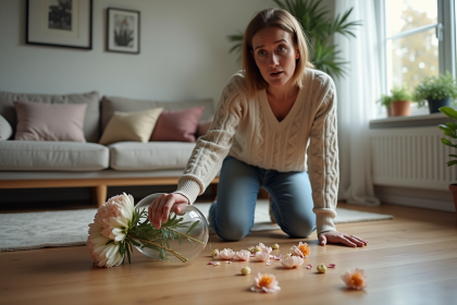 Femme surprise près d'un vase de fleurs renversé dans le salon