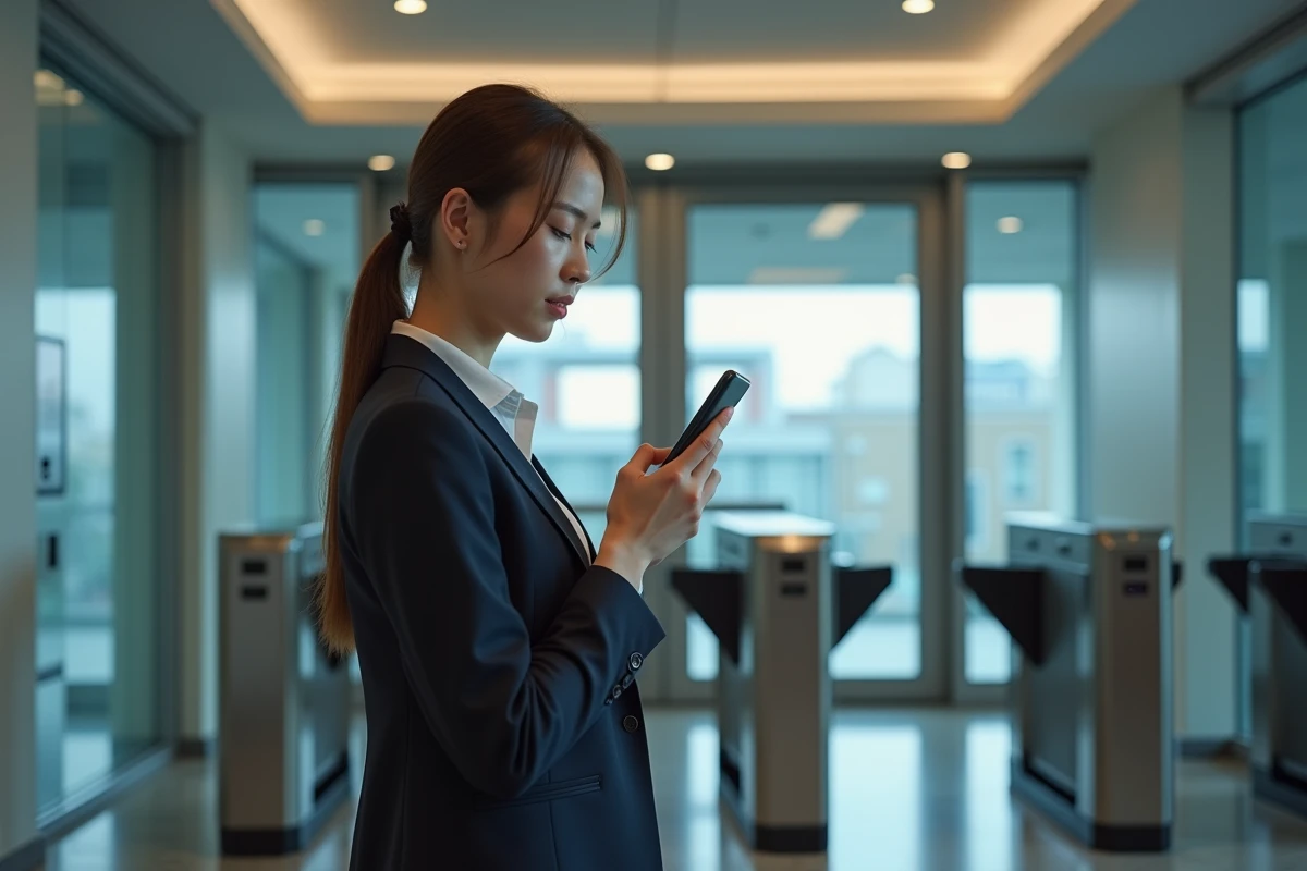 Jeune femme utilisant une application de sécurité sur smartphone dans un hall