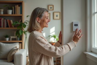 Femme ajustant un thermostat moderne dans son salon lumineux