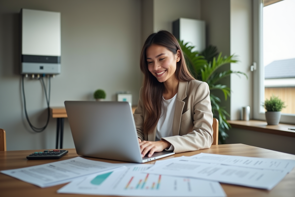 Femme vérifiant factures et panneaux solaires à la maison