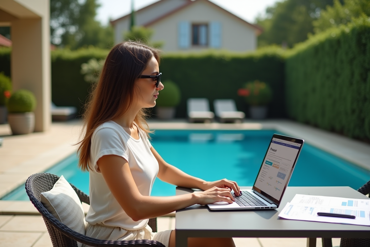 Jeune femme travaillant sur un ordinateur près de la piscine