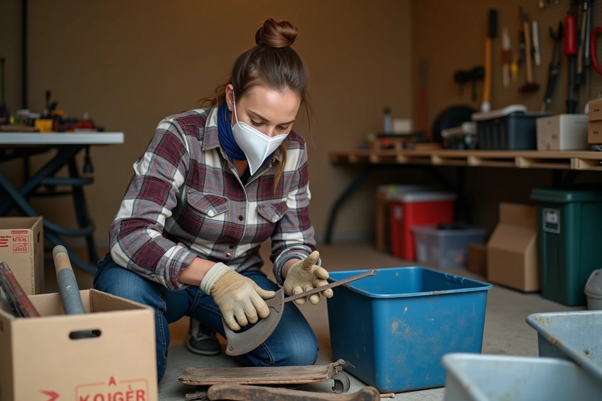 Femme triant des outils lors du débarras d'un garage en désordre