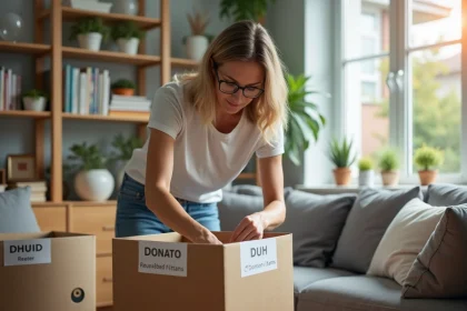 Femme triant des objets recyclables dans un salon organis&eacute;