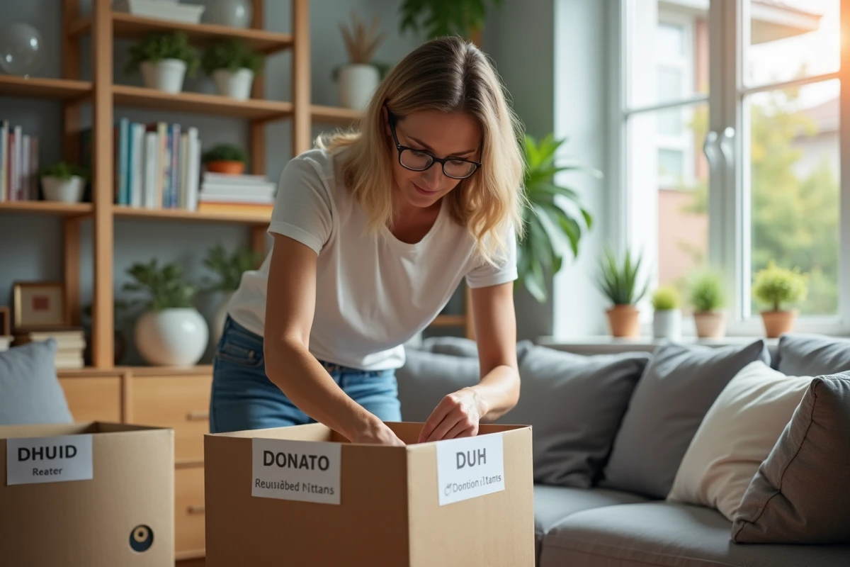 Femme triant des objets recyclables dans un salon organisé