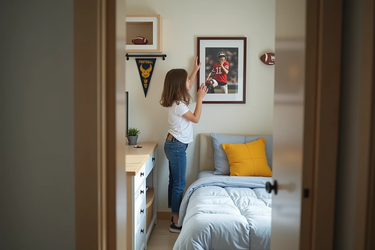 Fille de 11 ans posant une affiche de football dans sa chambre