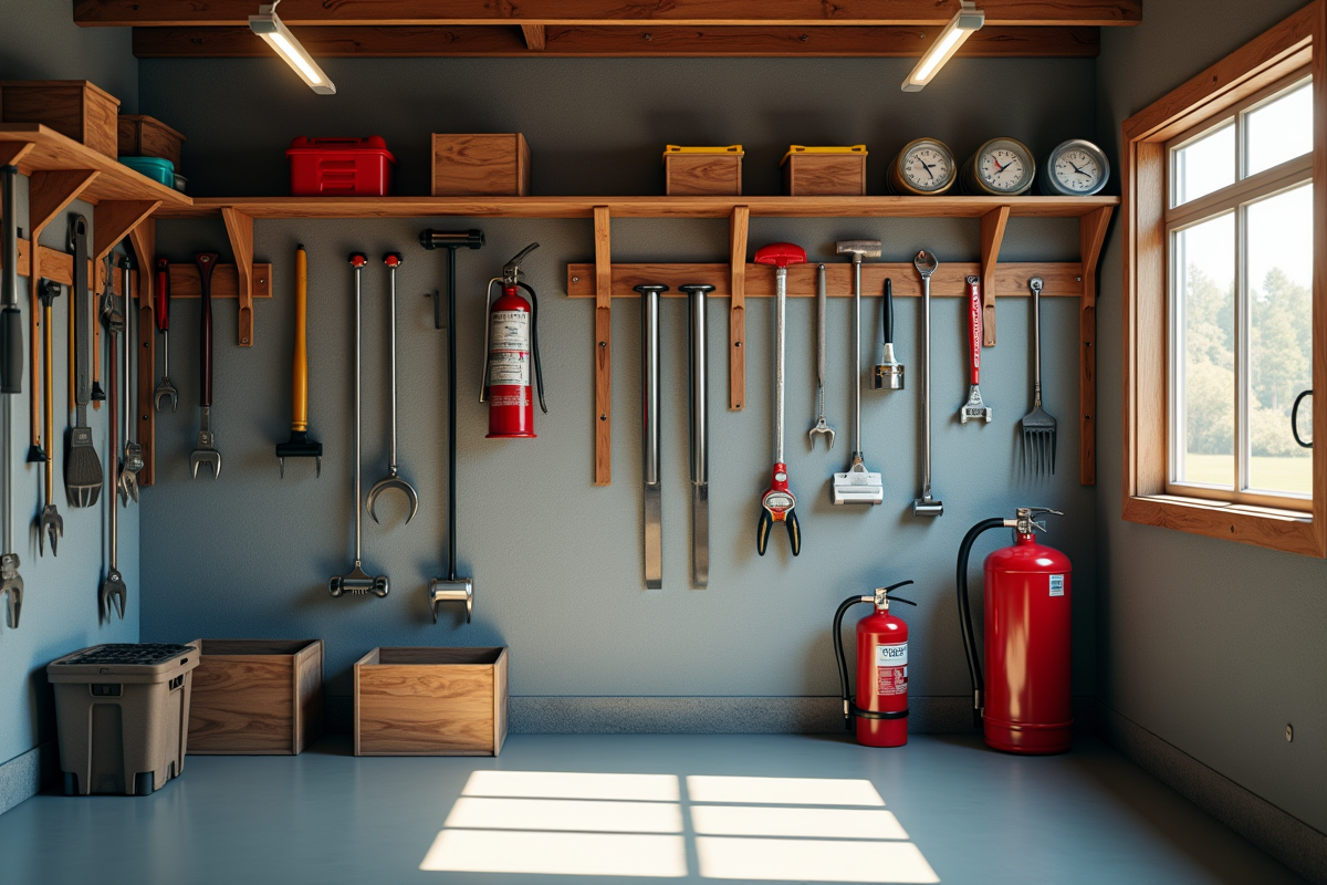 Garage organisé avec extincteur sur une étagère lumineuse