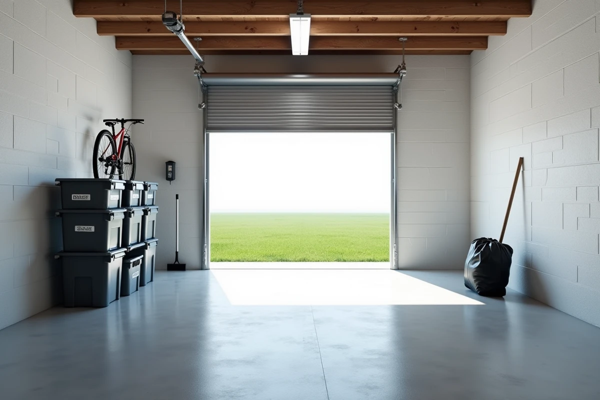Garage vidé et rangé après un débarras complet avec sol propre et bacs organisés