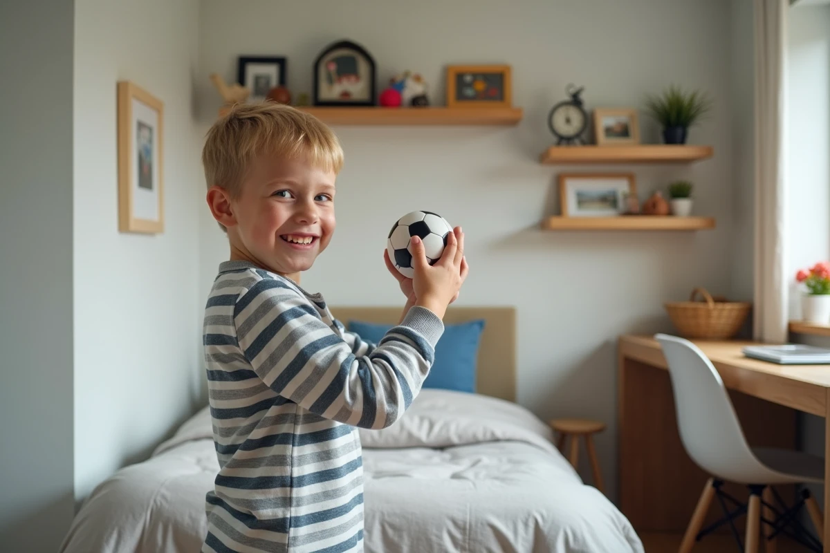 Garçon de 8 ans arrangeant des souvenirs de football dans sa chambre
