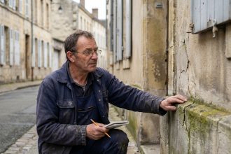 Gardien de bâtiments inspectant une façade en pierre à Chalons en Champagne