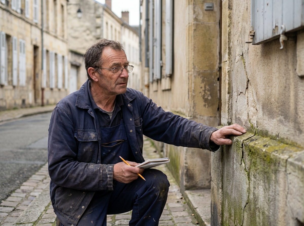 Gardien de bâtiments inspectant une façade en pierre à Chalons en Champagne