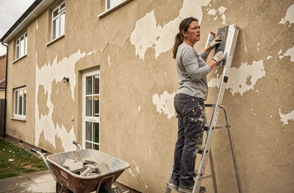 Femme grattant un vieux crépi abîmé sur une façade de maison avec une spatule large depuis une échelle