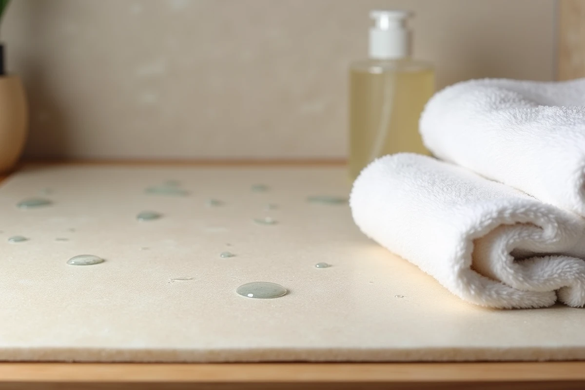 Gros plan sur la surface d'un tapis en diatomite absorbant des gouttes d'eau illustrant ses propriétés anti-humidité