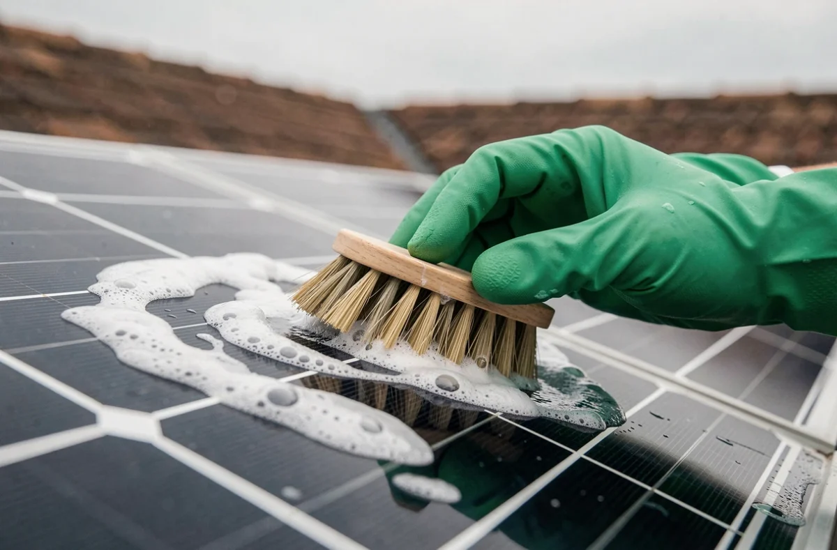 Gros plan de mains gantées en train de frotter un panneau solaire avec une brosse douce et de l'eau savonneuse