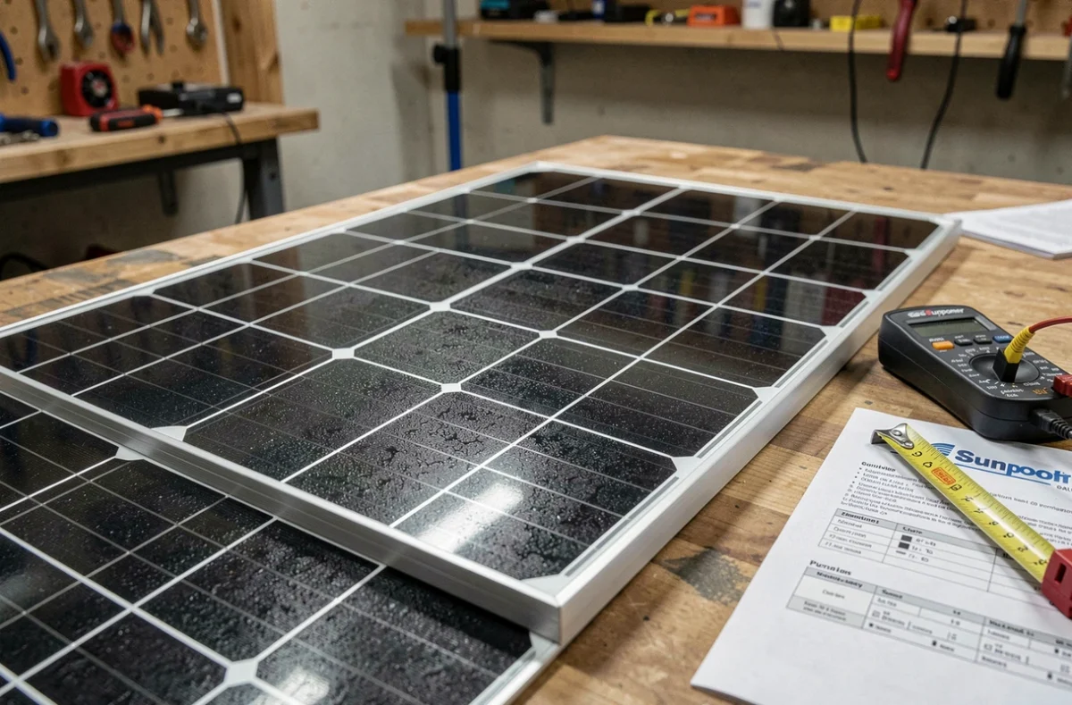 Gros plan sur un panneau solaire Sunpower posé sur un établi avec des outils de mesure et une fiche technique