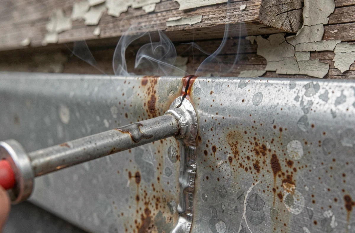 Gros plan sur une soudure en cours sur une fissure de gouttière en zinc ancienne