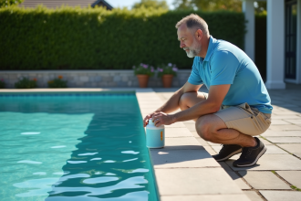 Homme en polo bleu ajoute des pastilles de chlore à la piscine