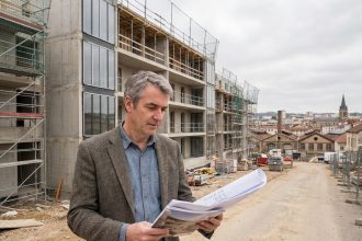 Homme d'âge moyen examinant des plans architecturaux devant un immeuble en construction à SaintÉtienne