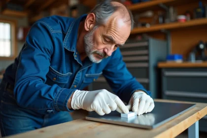 Homme en bleu pressant une attache plastique dans un atelier